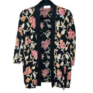 Braeve Floral Embroidered Black Kimono Wrap Jacket Open Cardigan Sz M/L
